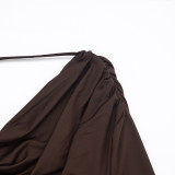Women’s Solid Color Cowl Neck Slim Fit Top and Tie Detail Pants Set
