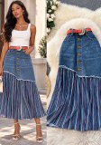 Women’s Mid Length Striped High Waist Slim Fit Color Block Denim Patchwork Skirt