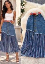 Women’s Mid Length Striped High Waist Slim Fit Color Block Denim Patchwork Skirt Women’s Mid Length Striped High Waist Slim Fit Color Block Denim Patchwork Skirt
