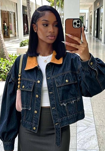 Women’s Turn Down Collar Pockets Color Block Cropped Denim Jacket