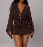 Women’s Cowl Neck Ruched Bell Sleeve Stretch Bodycon Mini Dress