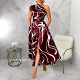 Women’s Slash Shoulder Abstract Print Lace-Up Split Pocket Midi Dress