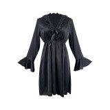 Women’s Satin Lace V Neck Bow Detail Bell Sleeve Loose Short Nightgown