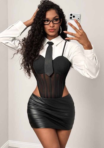 Women’s Mock Two Piece Shirt Long Sleeve Patchwork Boned Slim Waist Bodysuit