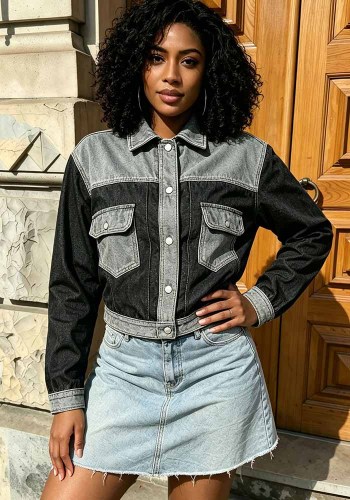 Women’s Color Block Patchwork Turn Down Collar Double Pockets Denim Cargo Jacket