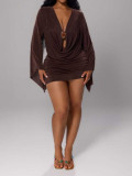 Women’s Cowl Neck Ruched Bell Sleeve Stretch Bodycon Mini Dress