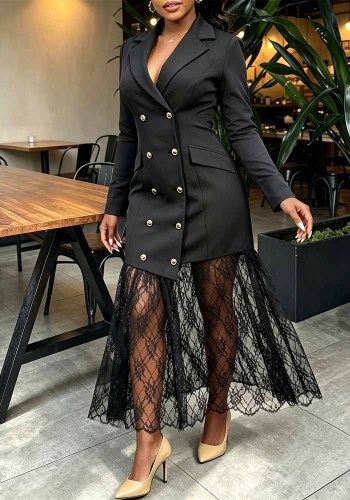 Women’s Fall Winter Slim Waist Elegant A Line Lace Patchwork Blazer Dress