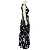 Women’s Slash Shoulder Abstract Print Lace-Up Split Pocket Midi Dress