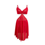 Women’s Sequin Mesh Knot Detail Hollow Waist Low Back Strap Dress