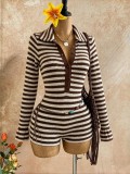 Women’s Striped Knit Slim Fit Long Sleeve Turn Down Collar Color Block Bodycon Jumpsuit