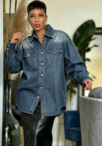 Women’s High Street Casual Loose Fit Long Sleeve Single Breasted Turn Down Collar Denim Shirt