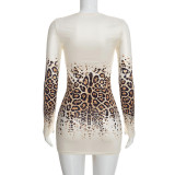 Women’s Fall Leopard Print Round Neck Long Sleeve Bodycon Mini Dress