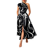 Women’s Slash Shoulder Abstract Print Lace-Up Split Pocket Midi Dress