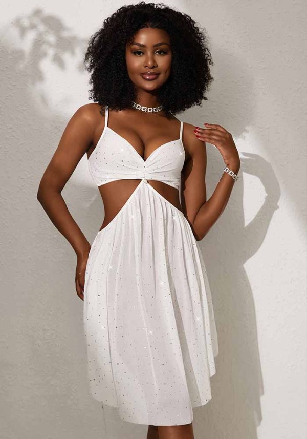 Women’s Sequin Mesh Knot Detail Hollow Waist Low Back Strap Dress