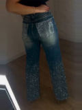 Women’s Fall Casual Beaded Straight Leg Denim Pants