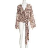 Women’s Fall Zebra Print Long Sleeve Wrap Lace-Up Blouse