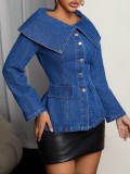 Women’s Street Style Oversized Turn Down Collar Long Sleeve Denim Jacket