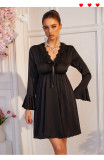 Women’s Satin Lace V Neck Bow Detail Bell Sleeve Loose Short Nightgown