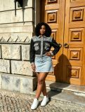 Women’s Color Block Patchwork Turn Down Collar Double Pockets Denim Cargo Jacket