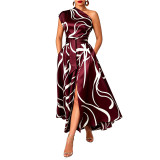 Women’s Slash Shoulder Abstract Print Lace-Up Split Pocket Midi Dress