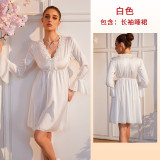 Women’s Satin Lace V Neck Bow Detail Bell Sleeve Loose Short Nightgown