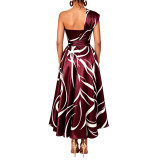 Women’s Slash Shoulder Abstract Print Lace-Up Split Pocket Midi Dress