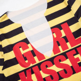 American Style Color Block Striped Letter Print Sexy V Neck Long Sleeve Top