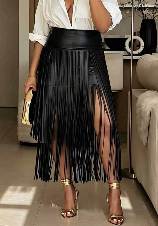 Women’s Fashion PU Leather Side Slit Fringe Maxi Skirt