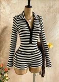 Women’s Striped Knit Slim Fit Long Sleeve Turn Down Collar Color Block Bodycon Jumpsuit