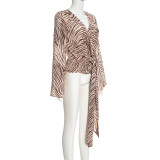 Women’s Fall Zebra Print Long Sleeve Wrap Lace-Up Blouse