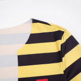 American Style Color Block Striped Letter Print Sexy V Neck Long Sleeve Top
