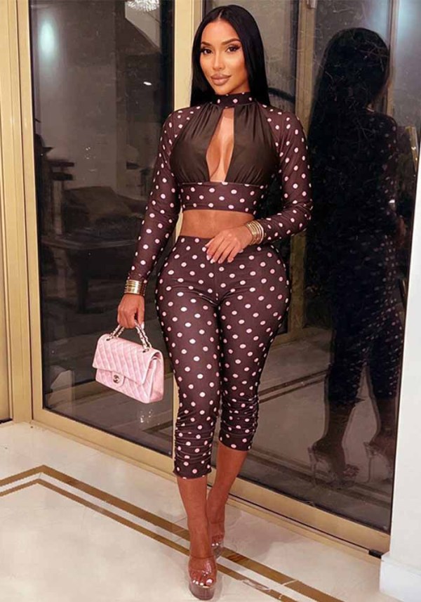 Women’s Polka Dot Long Sleeve Open Waist Top andSlim Fit Pants Set
