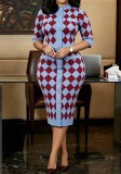 Women’s Diamond Knit Jacquard Half Sleeve Metal Button Slim Fit Career Midi Dress