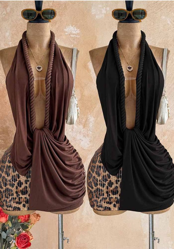 Women’s Leopard Print Sequin Patchwork Halter Neck Low Back Knit Bodycon Dress