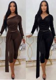 Women’s Solid Color Cowl Neck Slim Fit Top and Tie Detail Pants Set