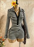 Women’s Striped Knit Slim Fit Long Sleeve Turn Down Collar Color Block Bodycon Jumpsuit