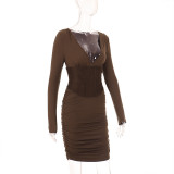 Women’s Deep V Neck Long Sleeve Boned Corset Lace-Up Back Bodycon Mini Dress