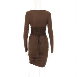 Women’s Deep V Neck Long Sleeve Boned Corset Lace-Up Back Bodycon Mini Dress