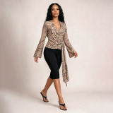 Women’s Fall Zebra Print Long Sleeve Wrap Lace-Up Blouse
