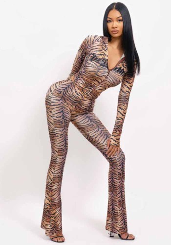 Women’s Leopard Print Slim Fit Long Sleeve Zip Up Hooded Pants Set