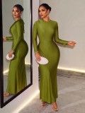 Women Long Sleeve Round Neck Backless Tie Pleated Bodycon Dress