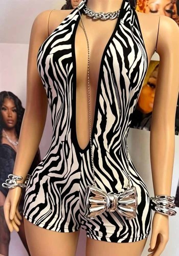 Women’s Sexy Cow Print Deep V Neck Halter Neck Tight Fitting Romper
