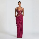 Women Lace Patchwork Halter Neck Pleated Boned Slit Maxi Dress