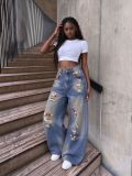 Women Color Button Ripped Wide Leg Denim Pant
