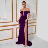 Women’s Sequin Velvet Patchwork Off Shoulder High Side Slit Evening Dress