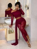 Women Sexy Lace Slash Shoulder Crop Top and Pleated Sash Pant Sexy Two Piece Set