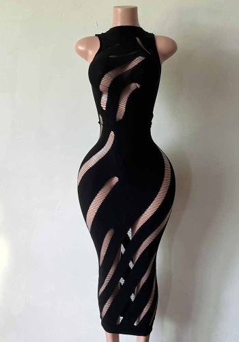 Women’s Sleeveless Round Neck Cutout See Through Bodycon Maxi Dress