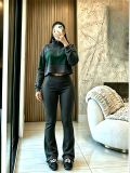 Women’s Two Piece Contrast Color Set Zip Up Turn Down Collar Hoodie and High Waist Slight Flare Pants
