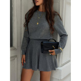Women Autumn Winter Knitting Round Neck Top and Skirt Two Piece Set