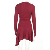 Women Burgundy Long Sleeve High Neck Irregular Ruffle Hem Dress